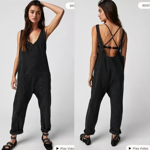 Free People We The Free High Roller Denim Jumpsuit Mineral Black Size Large - Picture 8 of 14